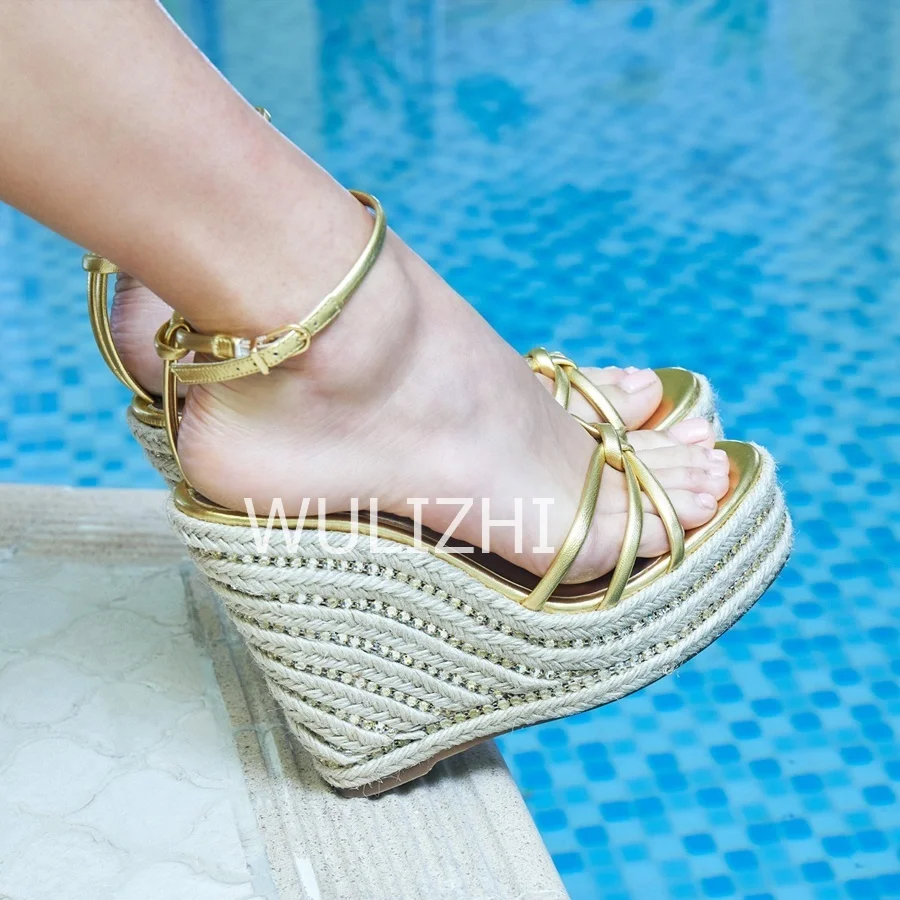 Women Diamond Studded High Wedge Espadarille Pink Bling Design Open Platform Slingback Sandals Gold Rhinestone Metal Chain Shoes