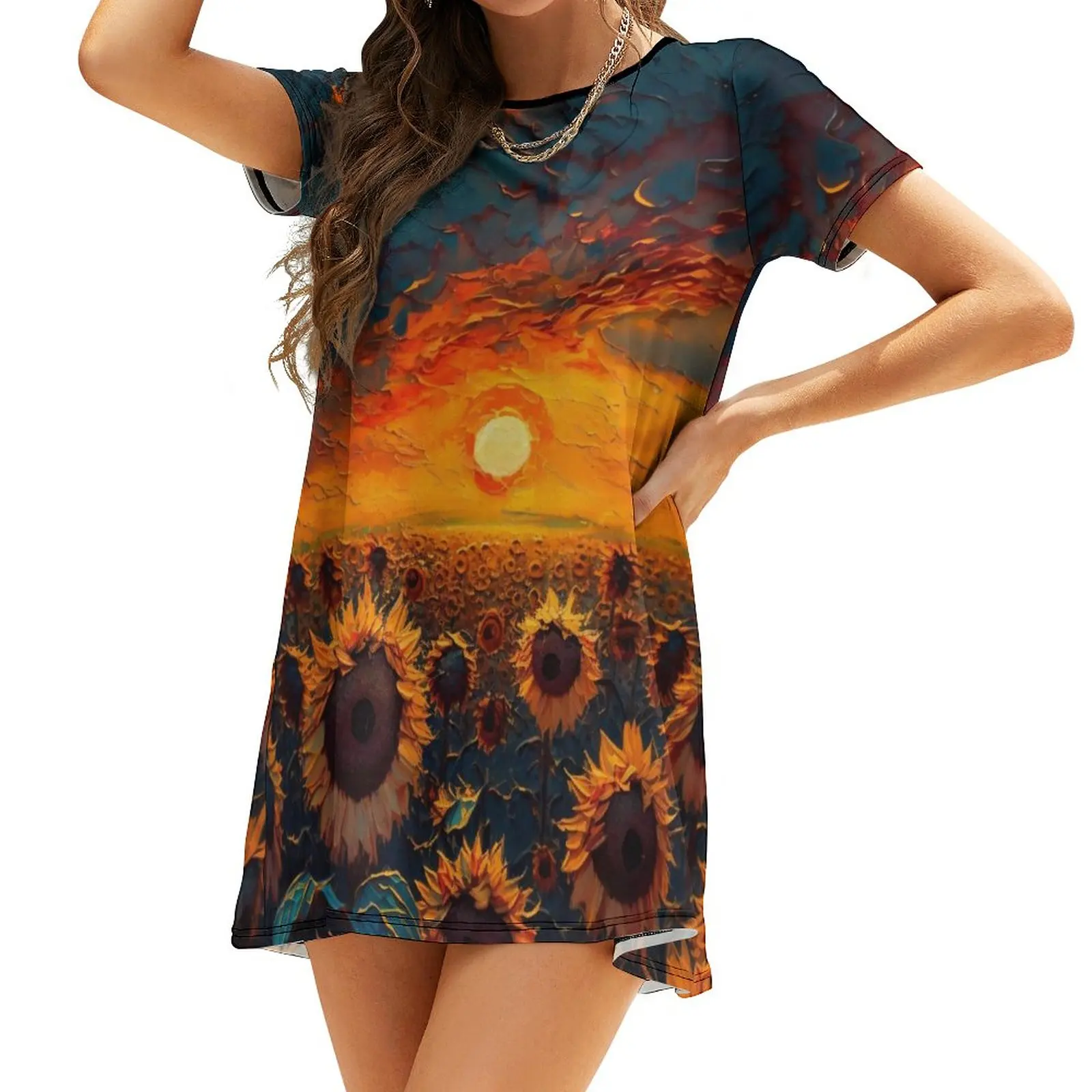 

Fashion Women's Elegant Dress Summer Flower Sunflower Print Women Evening Dress Casual Clothes For Woman