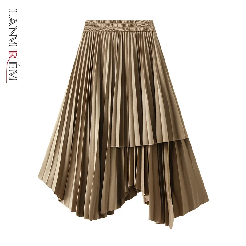 

LANMREM Irregular Pleated Skirts For Women Elastic Waist Solid Color Loose Fashion Skirt Female Clothing Autumn Winter 2R8870