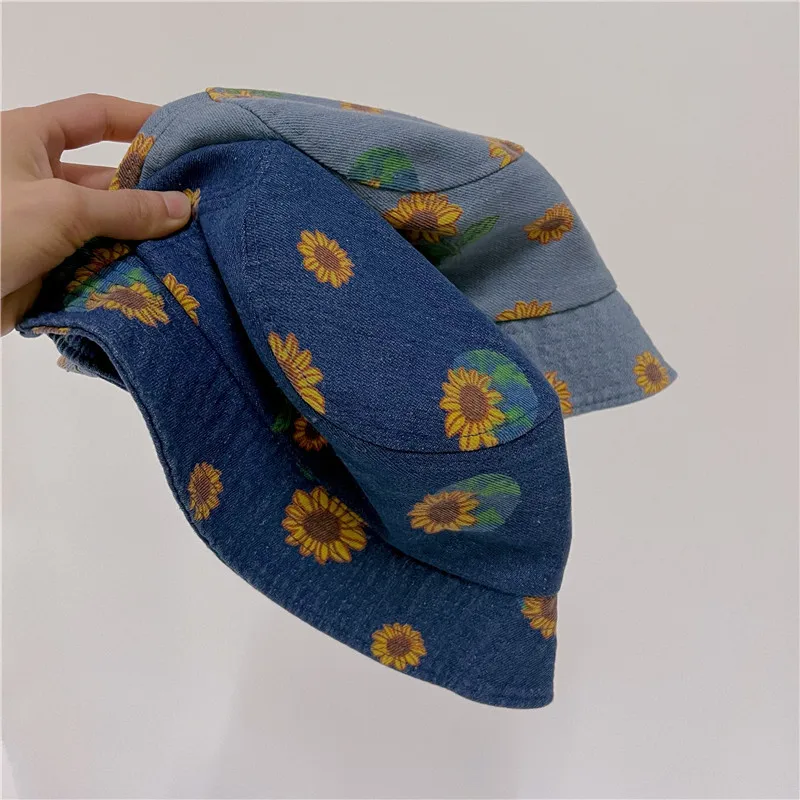 

MILANCEL 2022 Summer Children's Denim Bucket Hat Sunflower Print Big Brim Hat