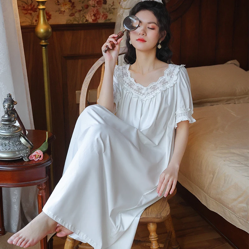 

Cotton Night Dress Women Nightgown Victorian Vintage Romantic Nightie Princess Sleepwear Peignoir Shirts Lady Chemise Night Gown