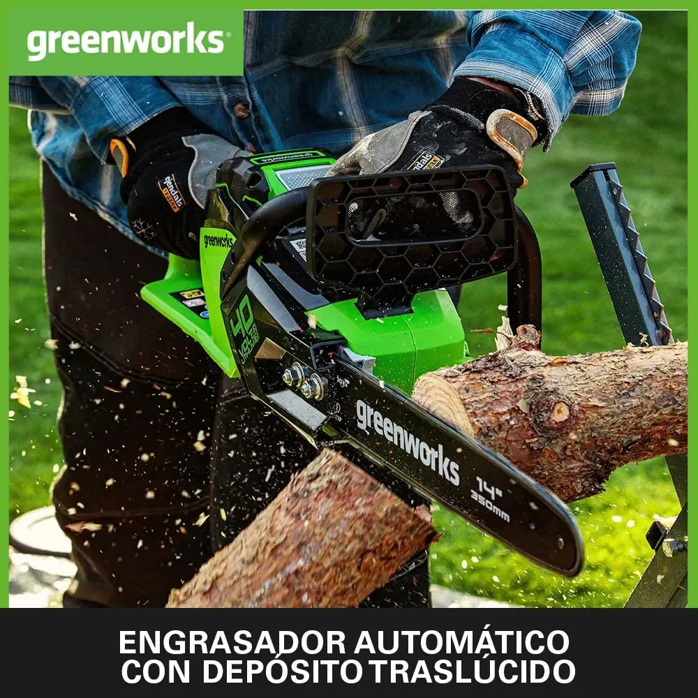 Фото Бензопила с аккумулятором Greenworks GD40CS15, бесщеточный двигатель, длина стержня 14 дюймов (35 см), скорость цепи 12 м/с, 3,5 кг, резервная защита №5