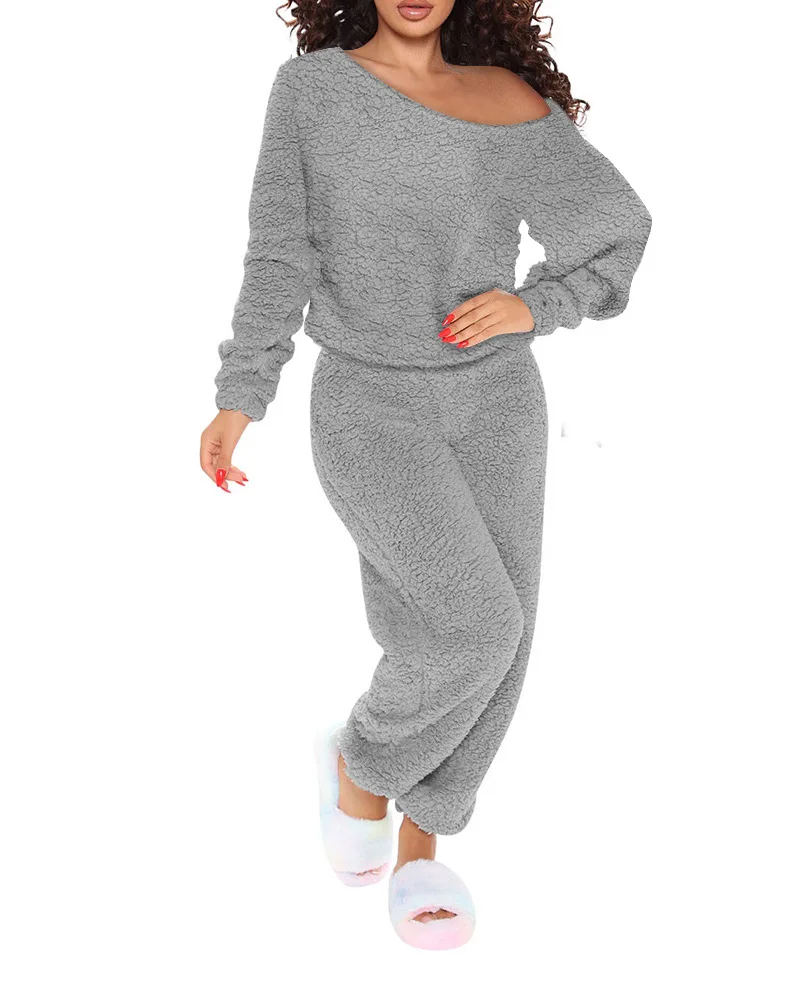 

Long Sleeve Fluffy Pajamas Set Women Solid Color Homewear Clothing Suit Fashion Casual Pullover Pants