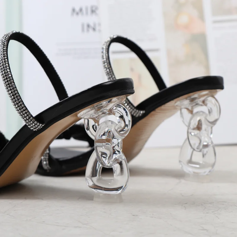 Women High-Heeled Sandals Summer New Rhinestone Hand-woven with Crystal Heel Sandals Fashion Sexy Women's Slippers 8CM