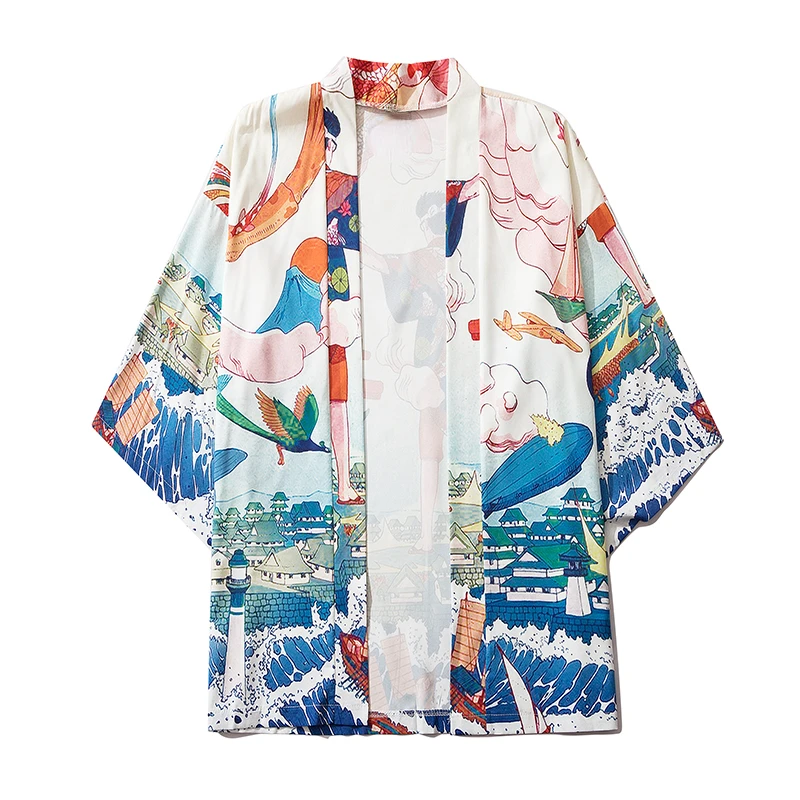 

Haori Obi Blouse Beach Print Kimono Loose Fashion Hawaii Asian Clothing Yukata Japanese Style Women Men Cardigan Shirt Summer