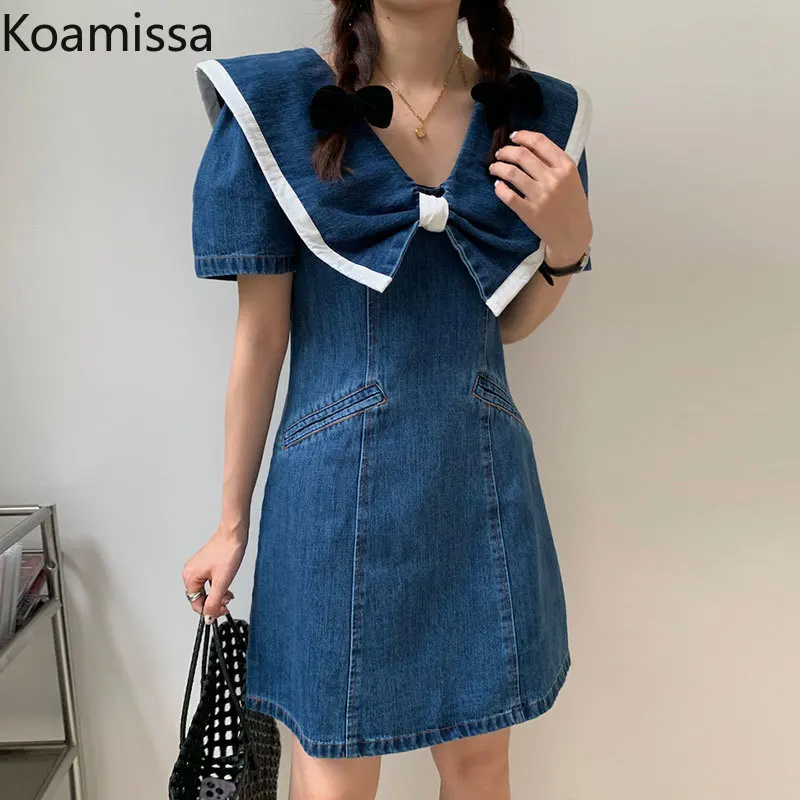 

Koamissa Women Summer Retro Navy Collar Jeans Mini Short Dress Bow Short-sleeved Denim Dresses Female Casual Slim Vestidos
