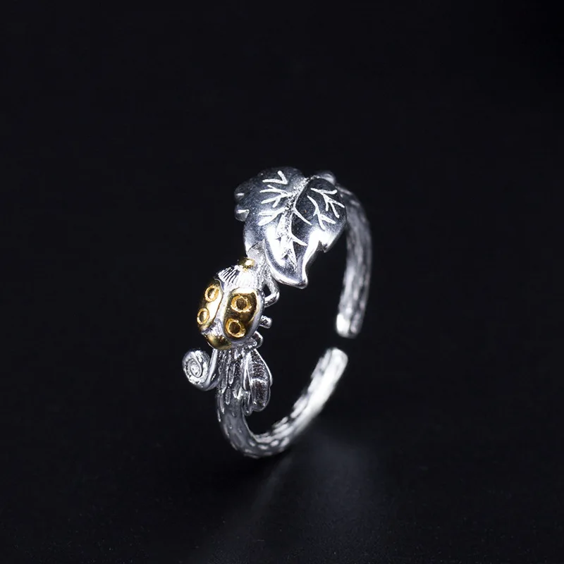 

925 Sterling Silver Leaf Ladybug Ring for Women Chinese Style Insect Branch Opening Adjustable Rings Jewelry Wholesale JZ061
