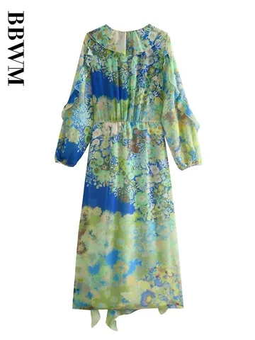 Spring 2023 New Women Laminated Decorative Print Dress V Neck Long Sleeve Chic Female Summer Fashion Elegant Midi Dresses