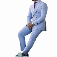 2022 sky blue men suits peaked lapel double breasted business 2 piece work man suit trajes de hombre coat pant
