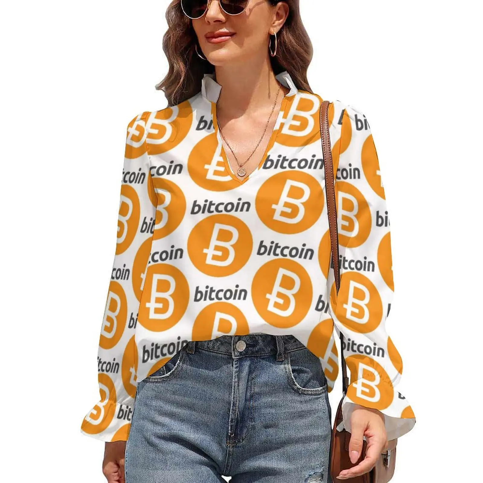 

Bitcoin Blouse Digital Puffy Collar Beautiful Social Shirt Women Sale Shirts