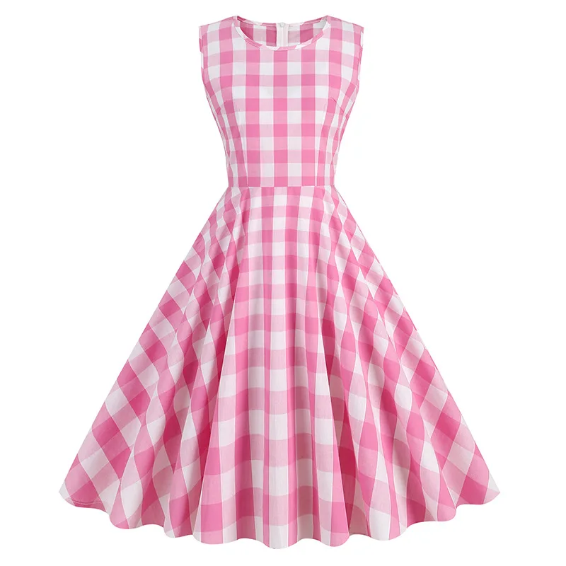 

Женское винтажное плиссированное платье без рукавов, розовое платье средней длины в клетку с высокой талией, расклешенное платье в стиле 50-х годов, элегантный подиумный наряд