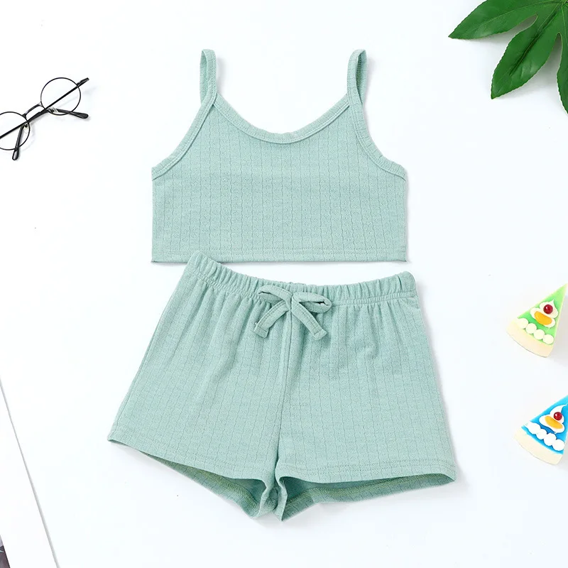 

Tops+Shorts Children's Clothing From 2 To 7 Years Baby Girl Clothes Summer Solid Color Suspenders Home Dress Set Girls Pajamas