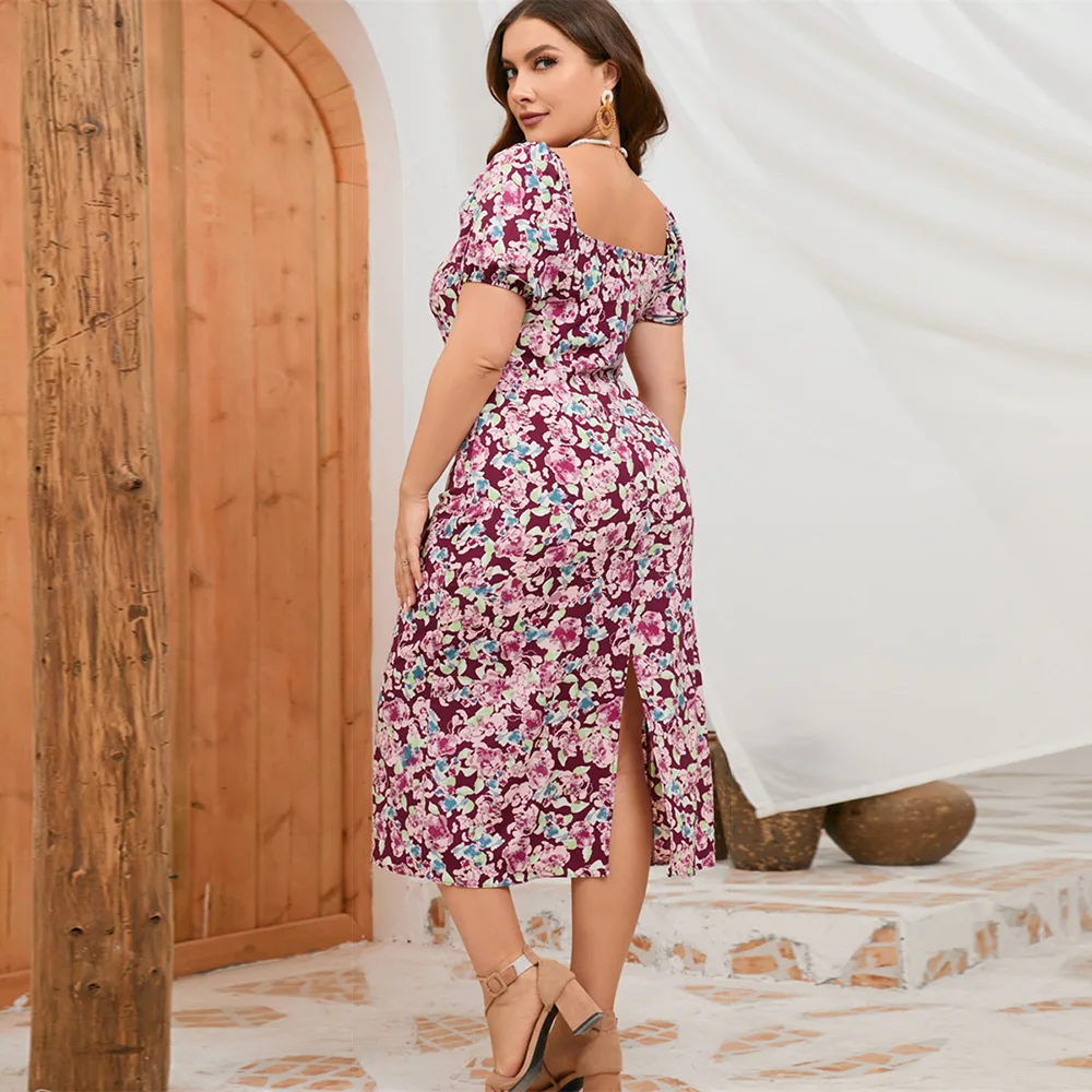 Plus Size Summer Dresses for Women 2023 Elegant Puff Sleeve Square Collar Floral Midi Formal Party Dress Ladies Dresses 4XL 5XL