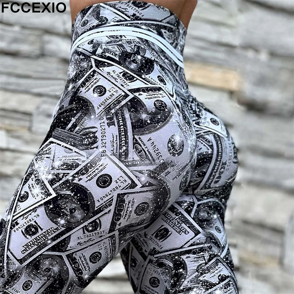 

FCCEXIO Dollar Bills 3D Print High Waist Leggins Fitness Sexy Leggings Tights Running Workout Pants Push Up Gym Leggings jeggin