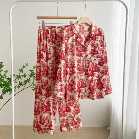 Пижама женская шелковая с принтом красных чернил, Корейская домашняя пижама с длинными рукавами и маленьким отложным воротником, в стиле Instagram, весна-лето