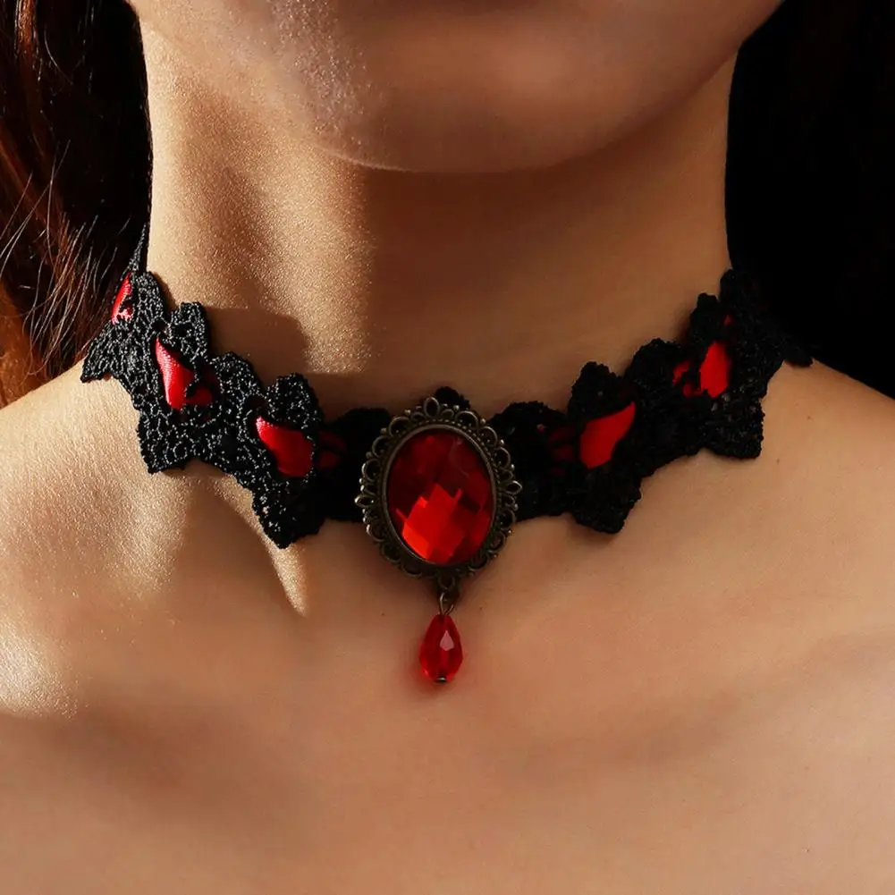 

Women Choker Gothic Vintage Braided Aesthetic with Faux Gemstone Dress Up Gift Ladies Punk Lace Stitching Clavicle Necklace Tren