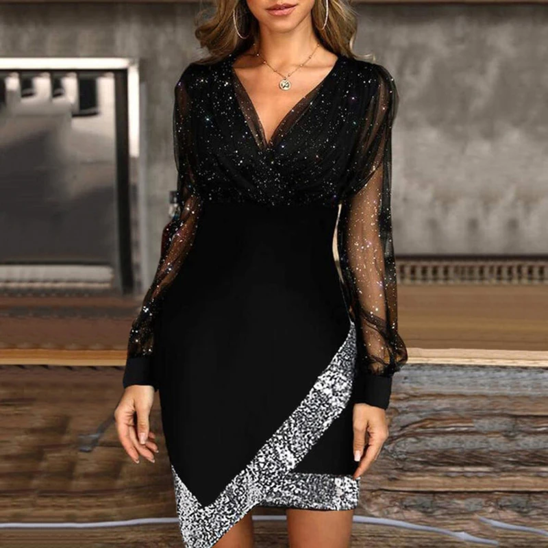

Elegant Sheer Mesh Print Mini Dress Women 2022 Casual Fashion V-neck Long Sleeve Dresses Office Lady Party Dress Spring Autumn