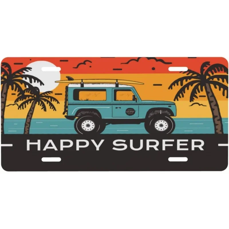 

Счастливый серфер, морская пляжная доска для серфинга, передний номерной знак, тропический серфинг, спорт, путешествия, приключения, летний декоративный автомобиль
