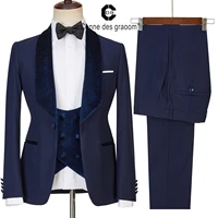 cenne des graoom 2022 new design navy blue shiny velvet lapel suits for men giftwedding party blazer vest trousers 3 pieces set
