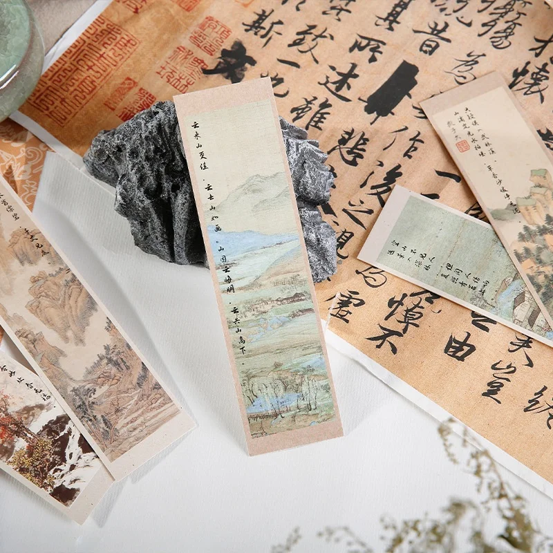 30 Sheets/box Chinese Ancient Style Ink Landscape Calligraphy Bookmarks, Reading Mark Message Summary Card