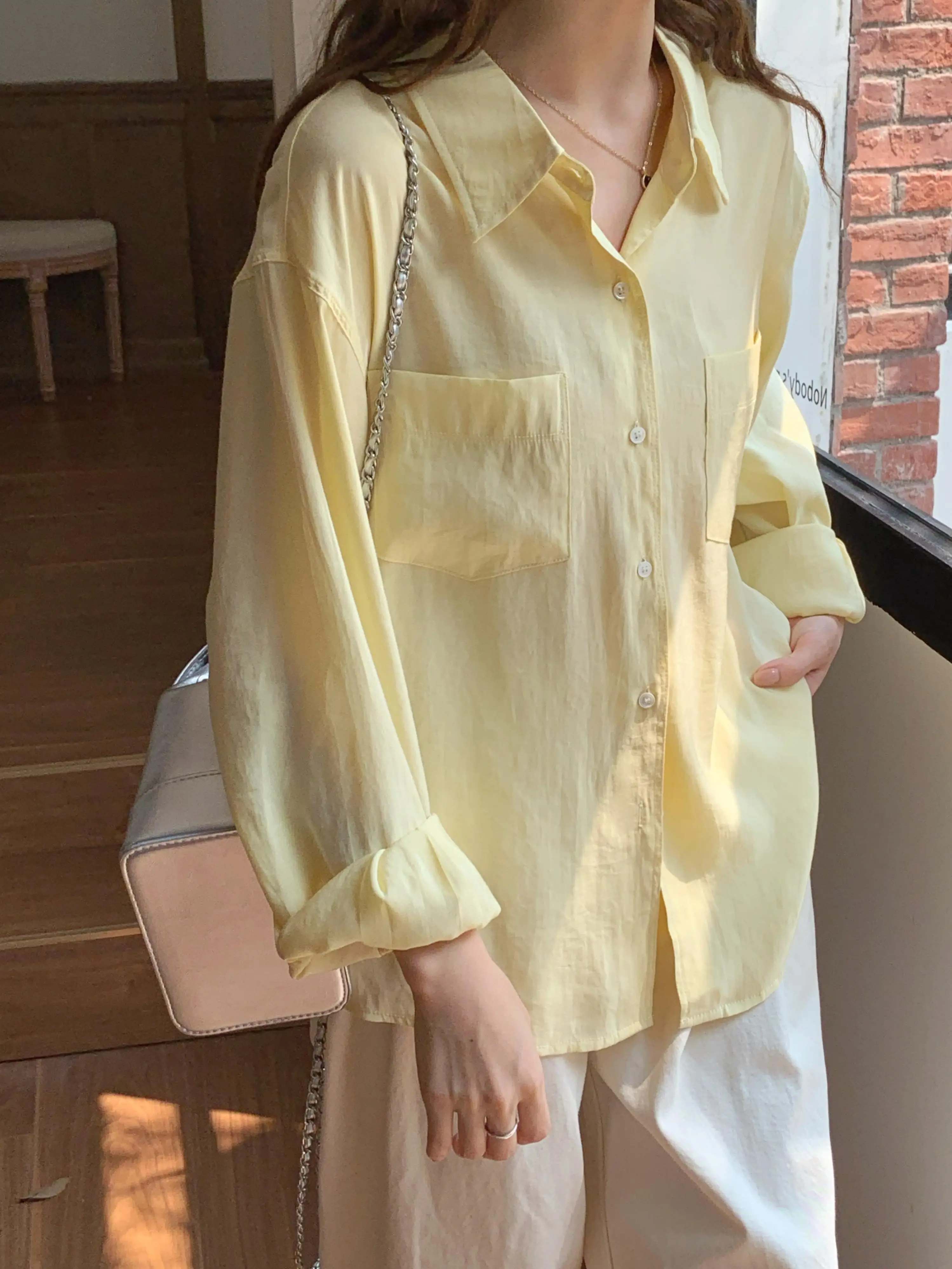 Light Yellow Idle Sle Casual Long sleeve Shirts Women Autumn New Korean Series Loose Solid All-Match Top Stacked