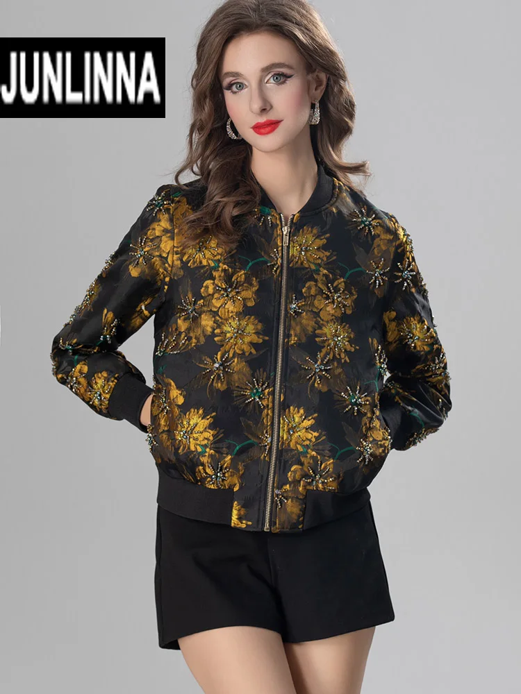 Женская жаккардовая куртка JUNLINNA элегантное уличное пальто с цветочным и бисером