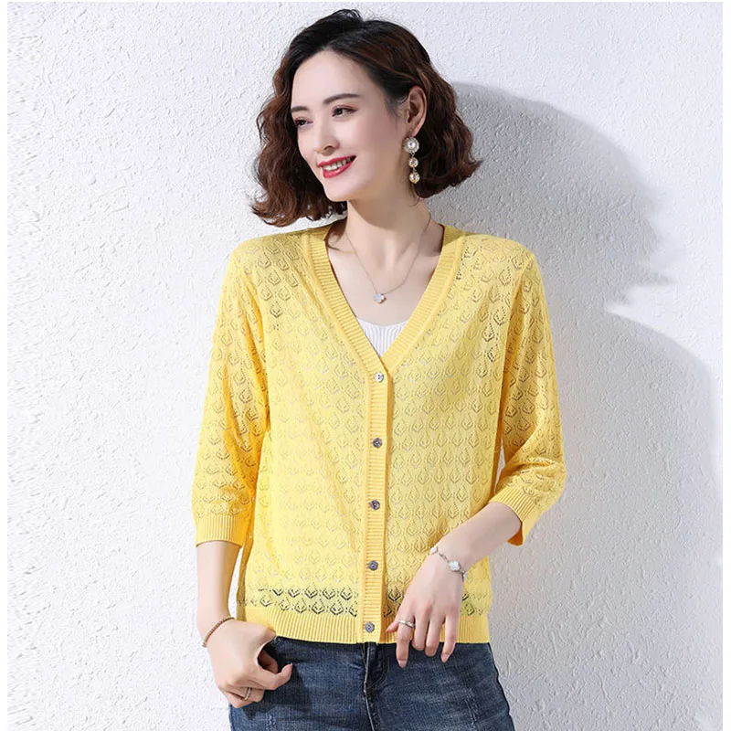 

Hollow Out Thin Summer Knitted Cardigans With Button Knitwear Women Fashion Yellow Outwear V-neck Sweaters Ladies Open Stitch
