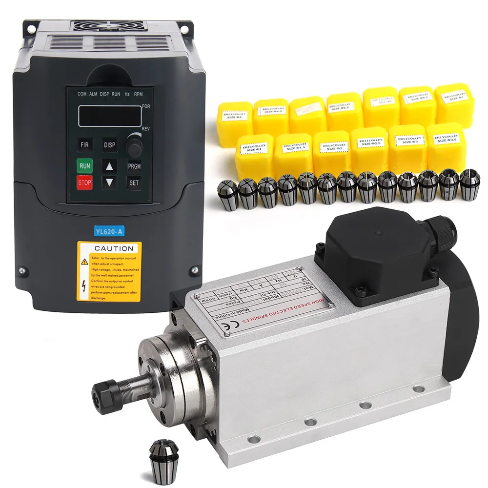 

Обновленный квадратный шпиндель воздушного охлаждения с ЧПУ 220 кВт 110 В/1500 В ER11 Вт фрезерный шпиндель с воздушным охлаждением + инвертор кВт VFD + 13 шт. ER11.