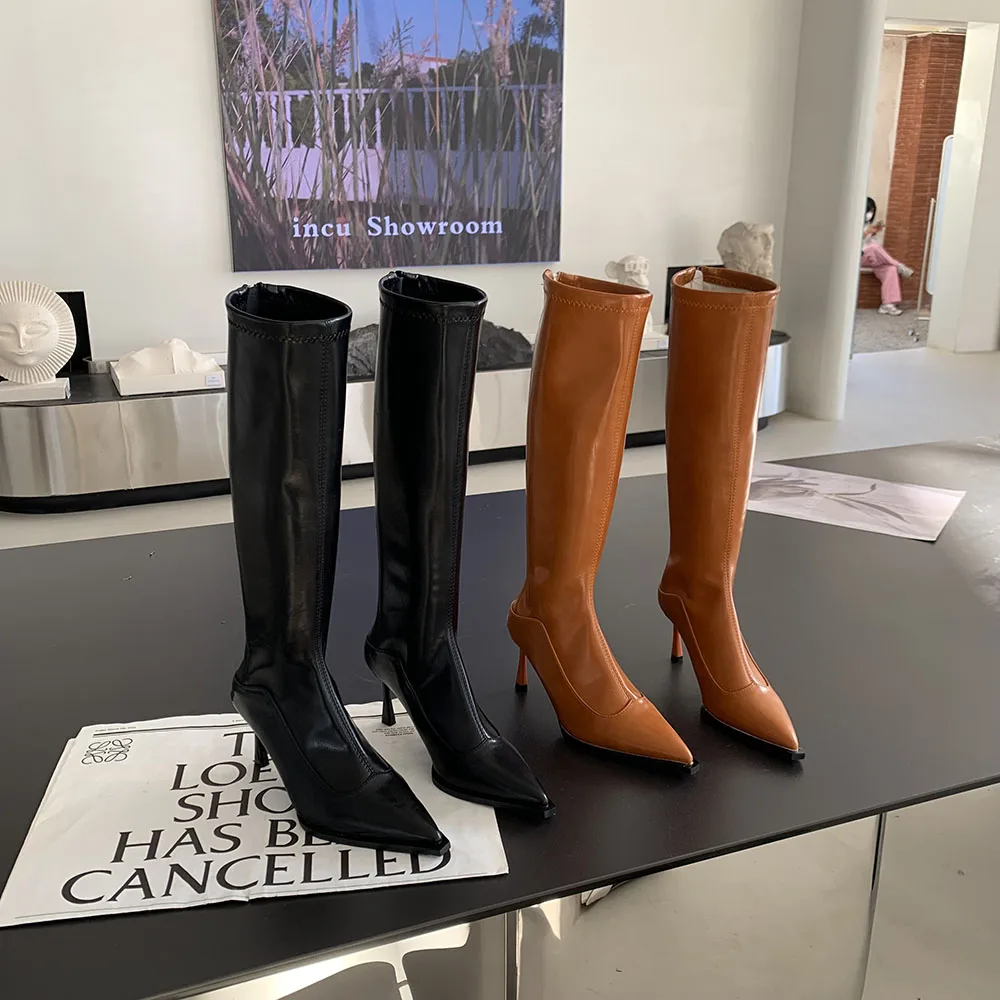

Sexy Women Knee High Boots Chelsea Booties Stretch Shoes Black/Brown Back Zipper Sock Booties Autumn Winter Party Pumps 35-39