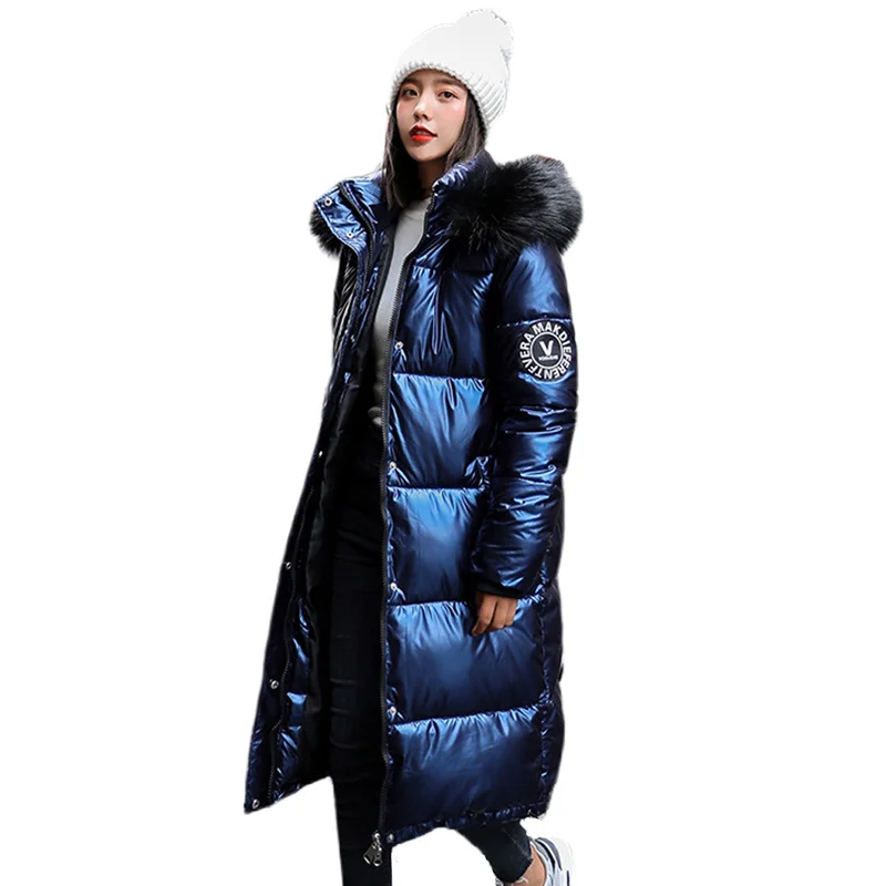 

women X-long oversize blue down jackets thick casual with fur epaulet 2021 winter female down coats hooded solid piumini donna