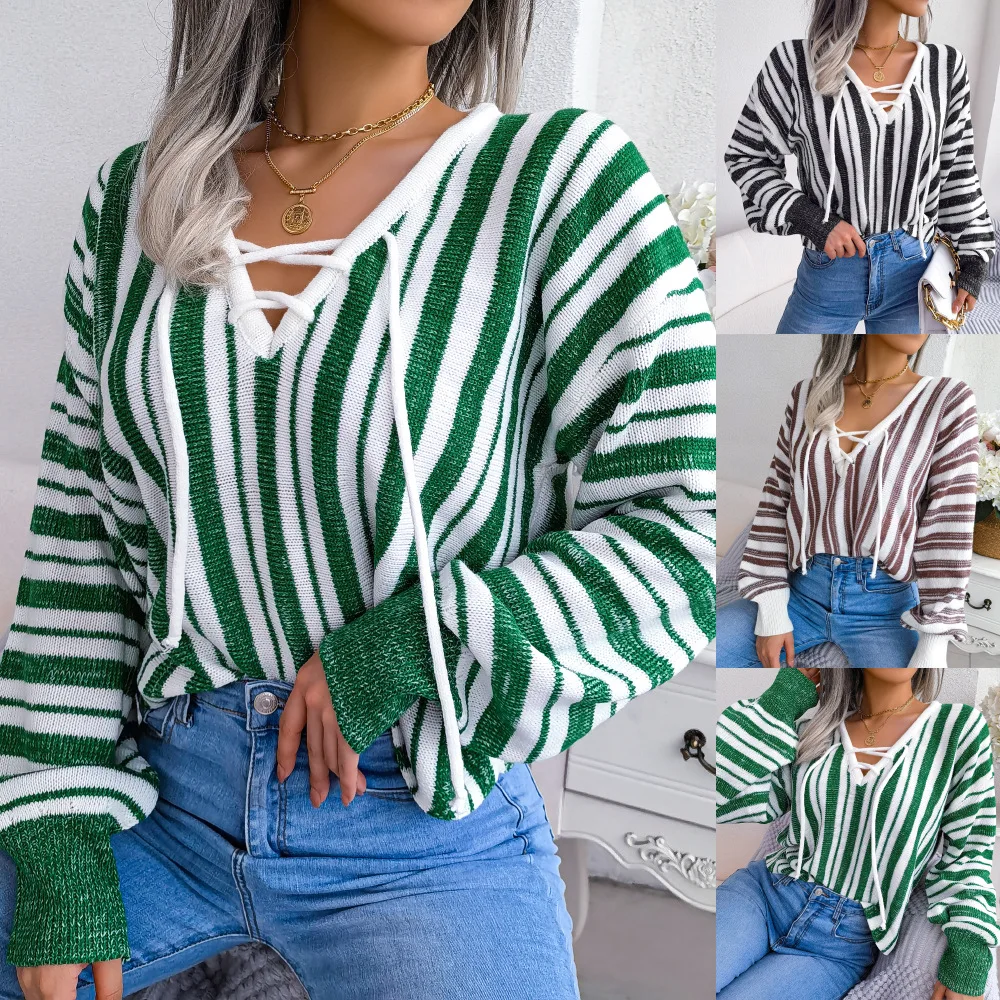 

2022 Winter V-neck Casual Stripewear Pullover Casual Sweater Women's Sweater Autumn Knitted Women's Long-sleeved Fashion Sweater