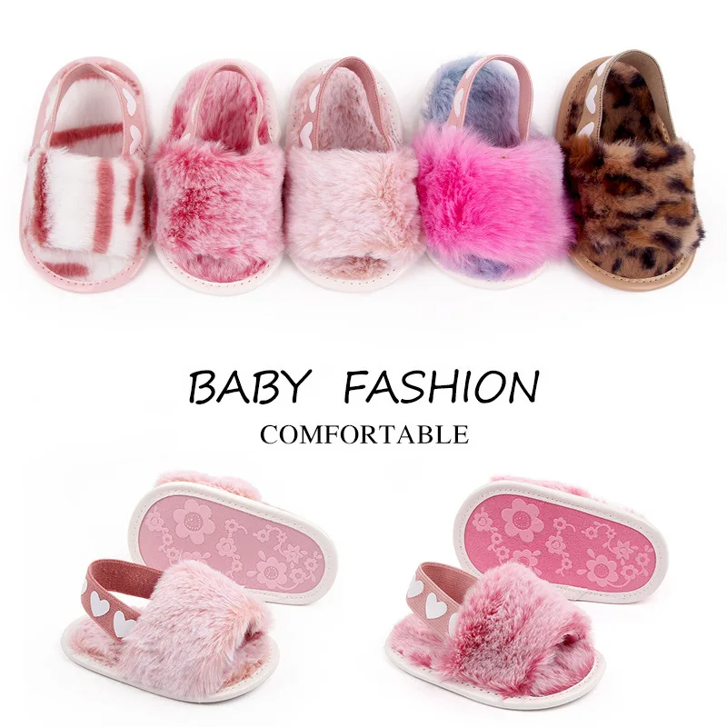 Baby Girls Leopard Plush Sandals Faux Fur Slides Sandals Newborn Non-Slip Shoes Indoor Outdoor Infant Slippers Baby Girl Shoes