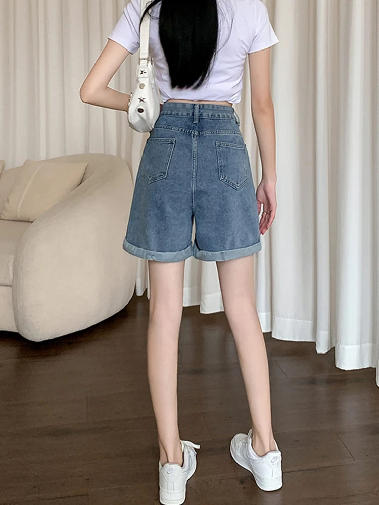 Streetwear Women High Waist Adjustable Loose Denim Shorts Summer Female Button Retro Wide Leg Jeans Shorts Bottoms