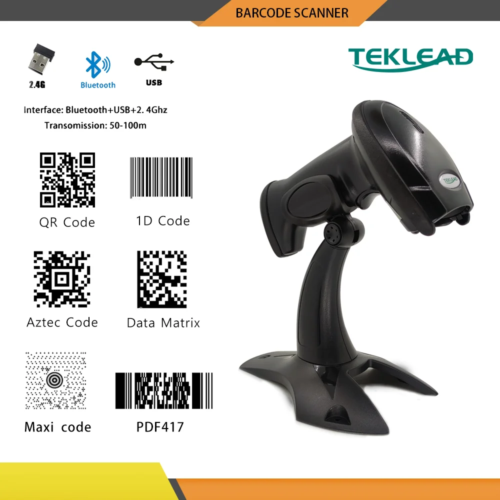 

TEKLEAD Handheld CMOS 1D 2D Wired USB Wireless 2.4G Bluetooth QR Barcode Scanner Retail POS Scanner for Supermarket Shop