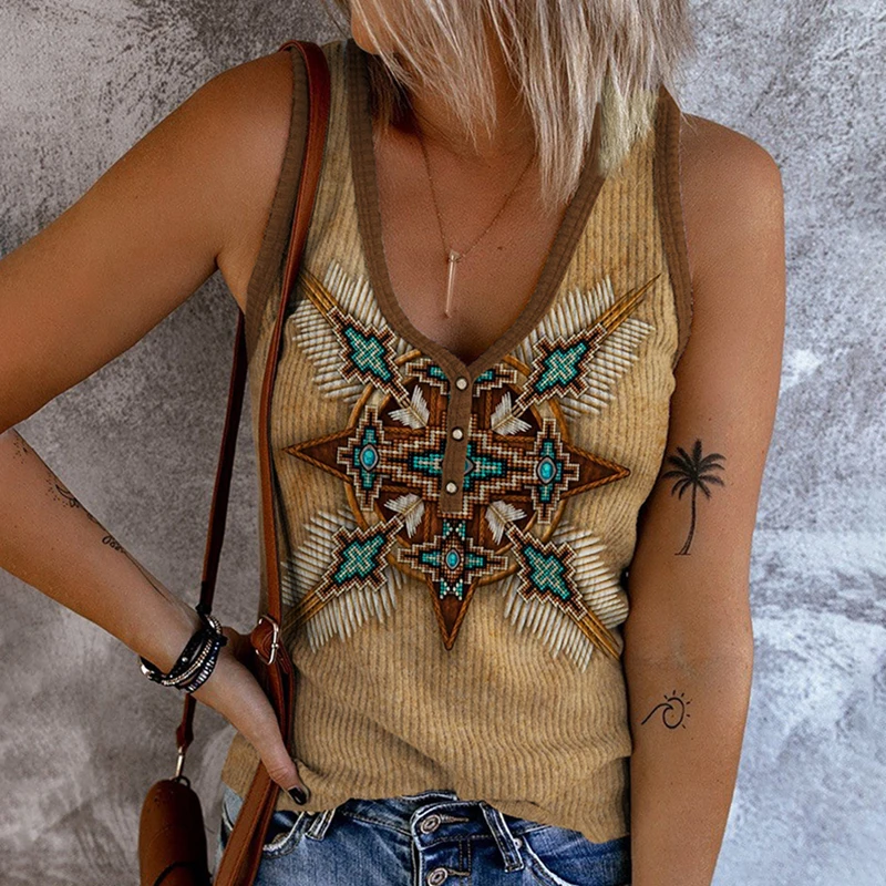 

Ladies Print V Neck Button Tank Top