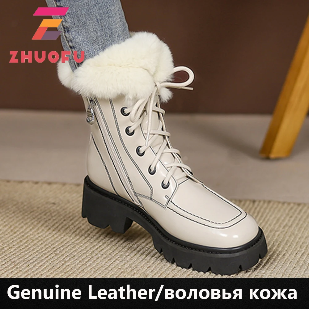 

ZHUOFU шерсть 2023 новые зимние ботинки из коровьей кожи Lae Up на толстом меху ботильоны со шнуровкой на платформе зимние ботинки модная обувь