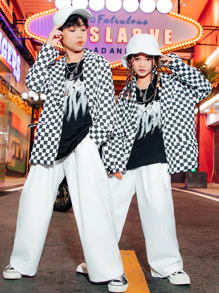

Kids Hip Hop Dance Costume Girls Jazz Performance Clothing Lattice Suit White Pants Boys Street Dance Wear Kpop Outfit BL8835