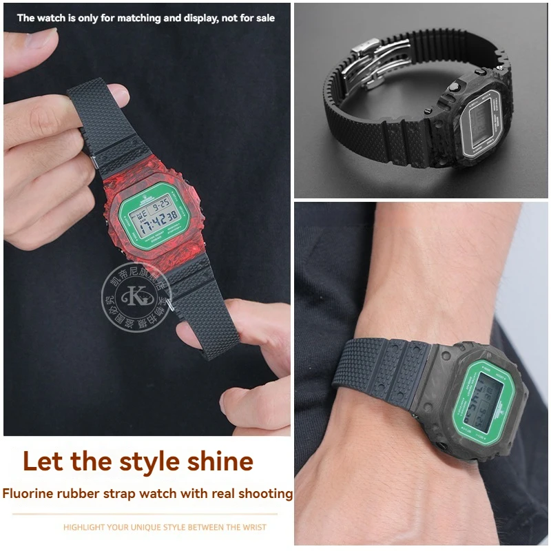 Фото Высококачественный ремешок из фторкаучука для Casio G-SHOCK GMW-B5000 GM-B2100 GMC-B2100, резиновый ремешок для часов, складная пряжка, черный браслет №1