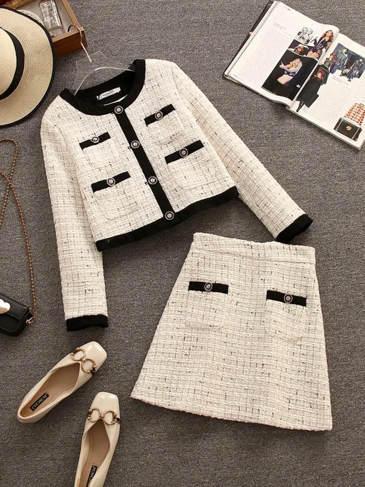 

Женский роскошный костюм из двух предметов, шерстяной пиджак и юбка в Корейском стиле, костюм во французском стиле на осень и зиму, 2 предмет...