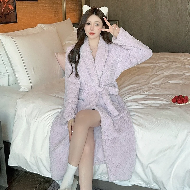 2024 новые зимние толстые теплые фланелевые халаты с длинными рукавами для женщин