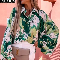 long sleeve blouse streetwear fashion turn down collar ladies tops casual loose autumn floral print holiday style camisas mujer