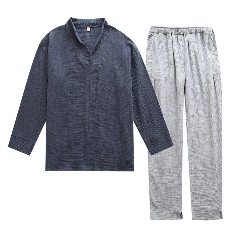 

Autumn And Winter Men's Soft Solid Color Pajamas Set 100% Gauze Cotton Top+Pants 2PCS Sleepwear Loose Full Sleeve+Pants Homewear
