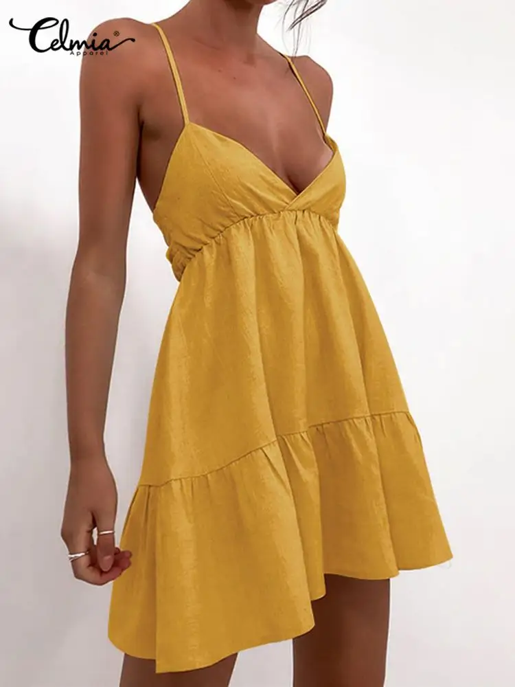 

Celmia Elegant Ruffled Hem Robes Summer Spaghetti Straps Waisted Women Short Sundress Fashion V Neck Sleeveless Sexy Beach Dress