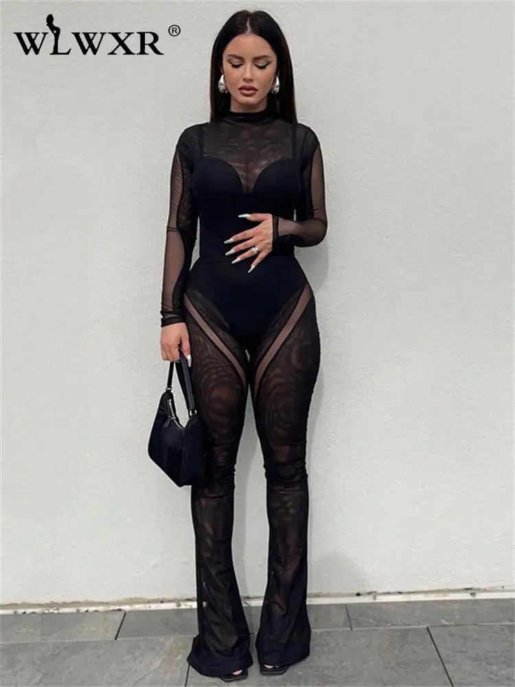 

WLWXR Fall Mesh See Through Black Two 2 Piece Sets Womens Outifits O Neck Long Sleeve Bodysuit Baggy Pants Matching Sets Female