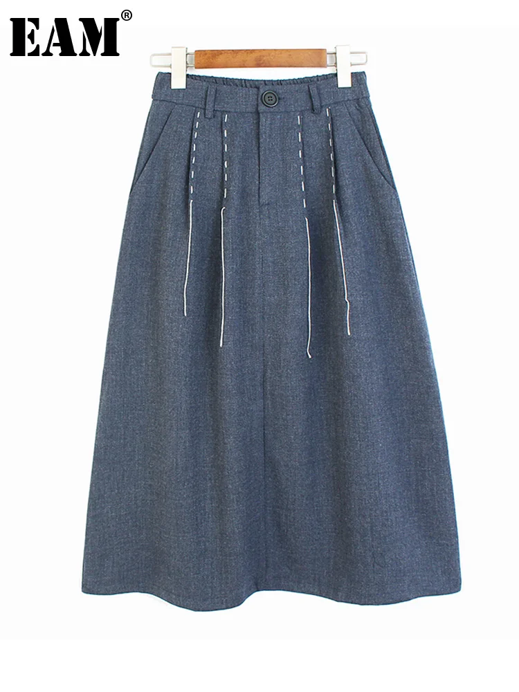 

[EAM] High Elastic Waist Blue Topstitched Long Denim Casual Half-body Skirt Women Fashion Tide New Spring Autumn 2023 1DF1026