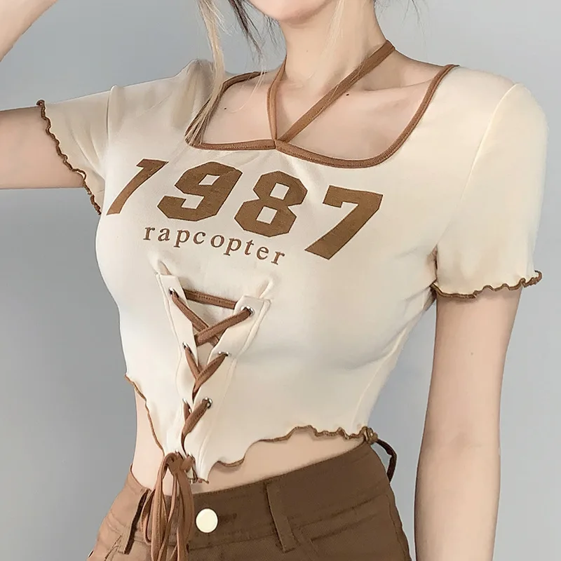 

Korean Style Women Vest Retro Print Square Neck Top 2022 Summer New High Waist Lace Up Irregular Female Tank Tops Streetwear
