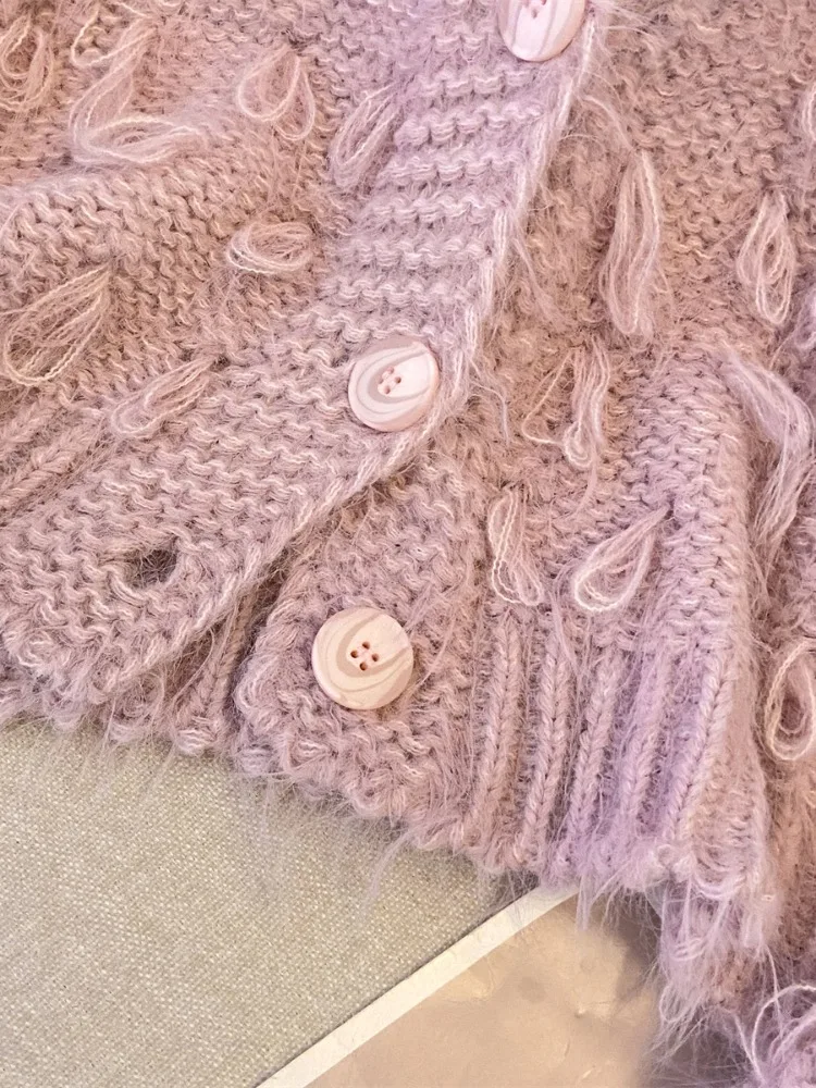 Milk Fufu розовый вязаный кардиган с кисточками и v-образным вырезом женский