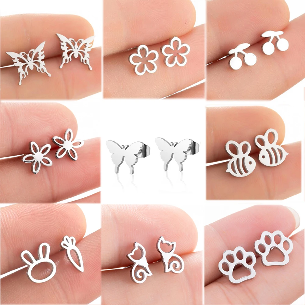 

Stainless Steel Earrings Small Fruit Animal Flower Insect Dragonfly Butterfly Stud Earring For Women Jewelry Gifts Pendientes