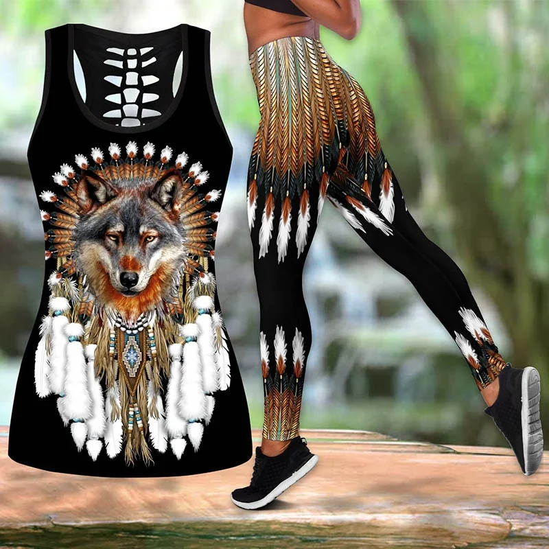Women's Fashion Indian Native American Wolf Legging + Hollow Tank Combo  Print Sport Fitness Leggings Yoga Pants Leggings