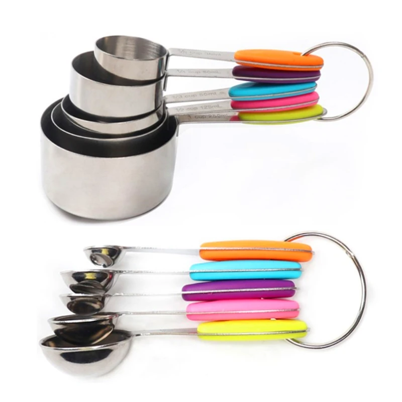 

10Pcs Stainless Steel Measuring Cups and Spoons Set with Scale Colorful Thickened Non-Slip Handle Metal Ring for Kitchen
